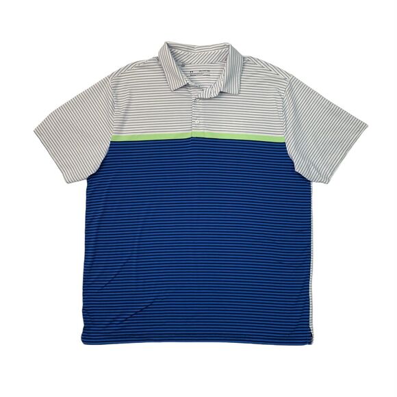Under Armour Polo Shirt Men 2XL Prusslan White Striped Heatgear Performance Golf - Picture 1 of 9